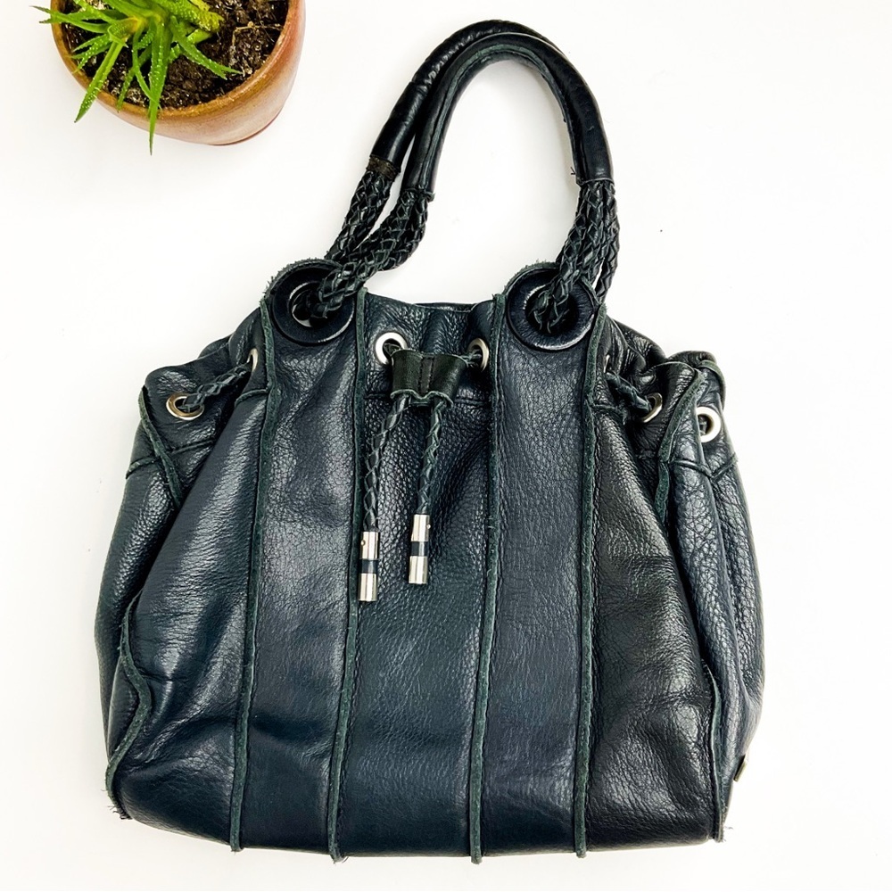 Vintage Black Leather Shoulder Bag with Braided Handles